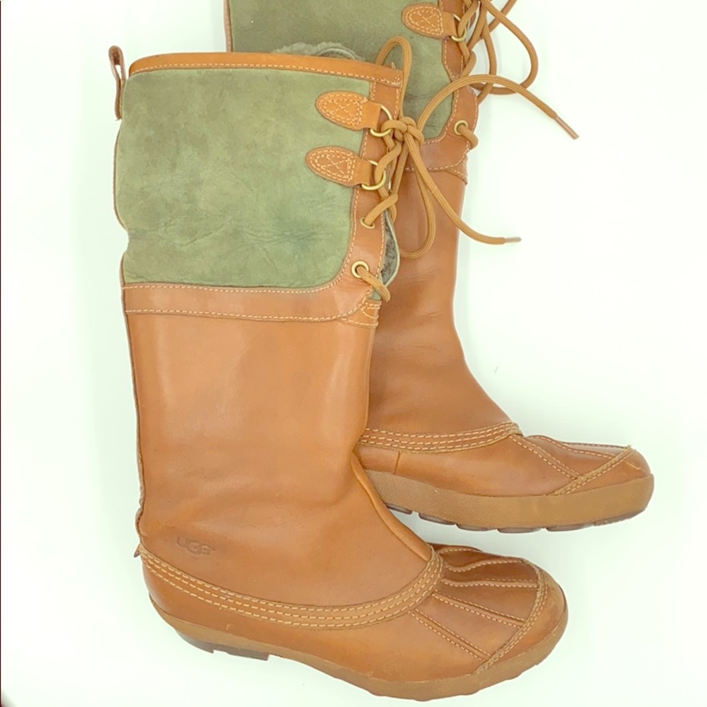 Ugg waterproof leather, fur-lined brown/grn boots
